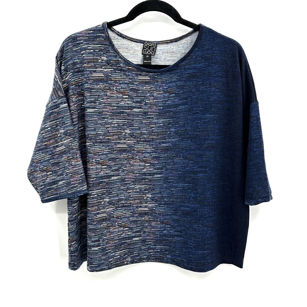 CLARA SUN WOO Blue Ombre Print 3/4 Sleeve Boxy Crew Neck Shirt Top Size XS
